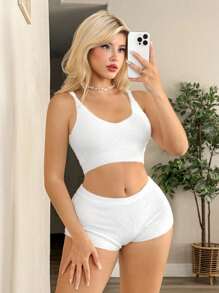 Sweetina Set de 2 piezas de mujer con suéter de punto blanco y conjunto de camiseta de punto corta y shorts de unicolor - Blanco - Ver 6