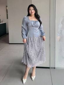 Dazy Plus 大码纯色拼接亮片网纱长袖派对礼服，春秋季奢华舞会礼服，优雅女士闪亮连衣裙，长款连衣裙 - 霧霾藍 - 查看 7