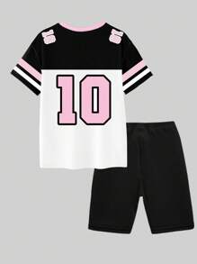 SHEIN 女款休閒星星數字10印花拼色寬鬆針織T恤與單車短褲2件套，粉色與黑色，夏季，街頭風，健身房，Y2K時尚 - 彩色 - 查看 2