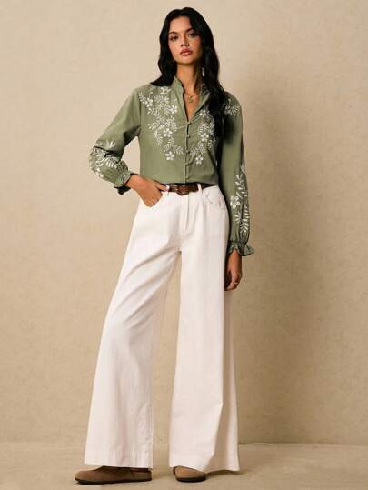 Poéselle Women's Elegant Floral Embroidery Ruffle Collar Front Button Shirt,Vacation Outfits Woman,Cute Shirts,Button Up Shirt Women,Country Outfits Women,Work Blouses For Women,Casual Women Outfits,Boho,Old Money Style Women,Fall Outfits For Women