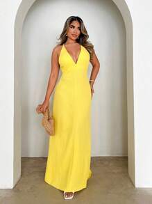 SHEIN LUNE Damen Sommerkleid mit Trägern und Rückenausschnitt, Einfarbig, lässiger Stil - Gelb - Übersicht 7