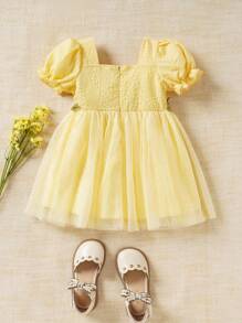 SHEIN Glamorique Kids Baby Girl Summer Square Neck Short Puff Sleeve Mesh Princess Dress, Vacation Dress - Yellow - View 9