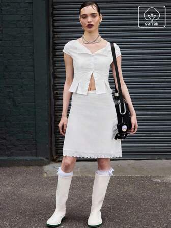 COUREZ 蕾丝细节纽扣棉质上衣/女士夏季服装可爱夏季上衣 Y2K 街头服饰度假海滩复古 100% 纯棉