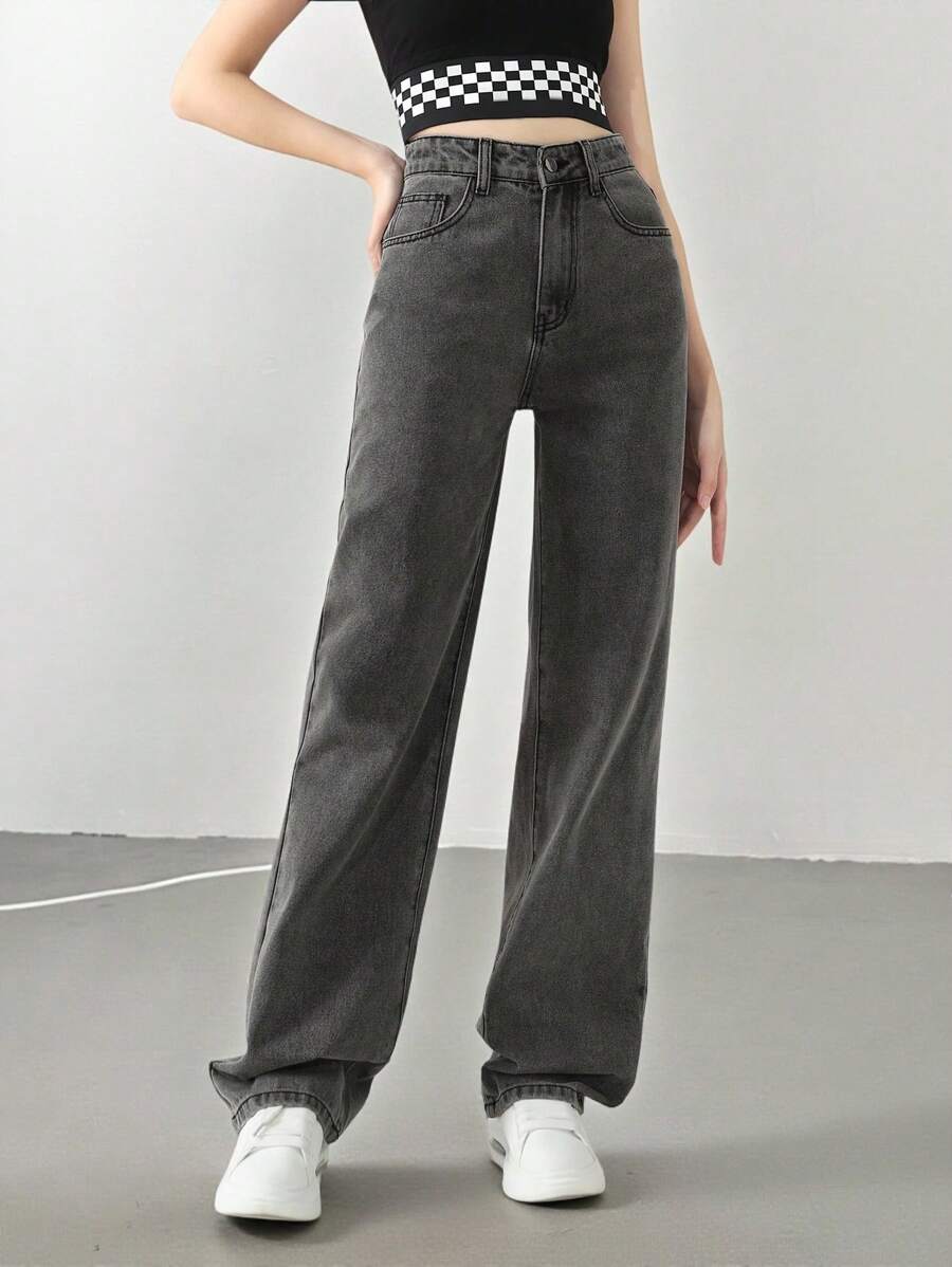 SHEIN 少女简约百搭黑灰色水洗直筒牛仔裤 - 灰色 - 查看 1