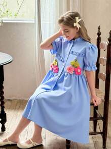 Tween Girl' Asymmetrical 3D Floral Puff Sleeve Sweet & Cute Summer Chiffon Shirt Dress