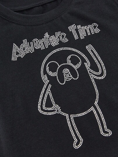 Adventure Time X ROMWE Camiseta corta de manga corta con gráfico de letra de dibujos animados con rhinestones, ajustada, para mujer en verano