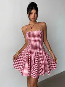 Aloruh 女式性感可爱红白格子挂脖褶边迷你连衣裙 - 彩色 - 查看 5