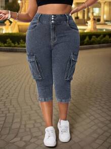 Maweii Plus Size Women Summer Cowgirl Outfit Elastic Blue & Black Cargo Capri Skinny Jeans With Pocket & Slit Summer Outfits For Women Festival Outfits  Cargo Jeans For Women