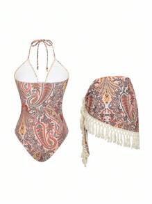 Swim Oasis 1 Set: Random Paisley Print Deep-V Halter Monokini And Matching Tassel Cover Up Skirt, Women Swimsuit For Summer Beach Vacation - Multicolor - View 5