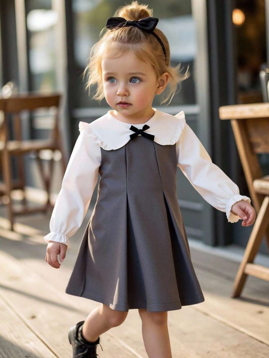 Souflis Souflis 女童白色荷叶边领蝴蝶结装饰泡泡袖和浅灰色 A 字裙，优雅可爱，适合休闲、上学、工作 - 灰色 - 查看 1