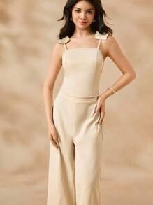 SHEIN Conjunto elegante y minimalista de top tipo camiseta ajustada y pantalones anchos de pierna ancha de talle alto en color caqui para adultos jóvenes - Caqui - Ver 6