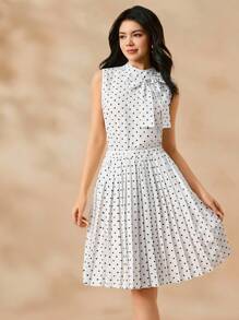 2pcs/Set Teen Girls Polka Dot Bow Tie Sleeveless Top + A-Line Polka Dot Print Waist Pleated Dress, Elegant Outfit For Teenage Flower Girl, Bridesmaid, Birthday Party, Gatherings