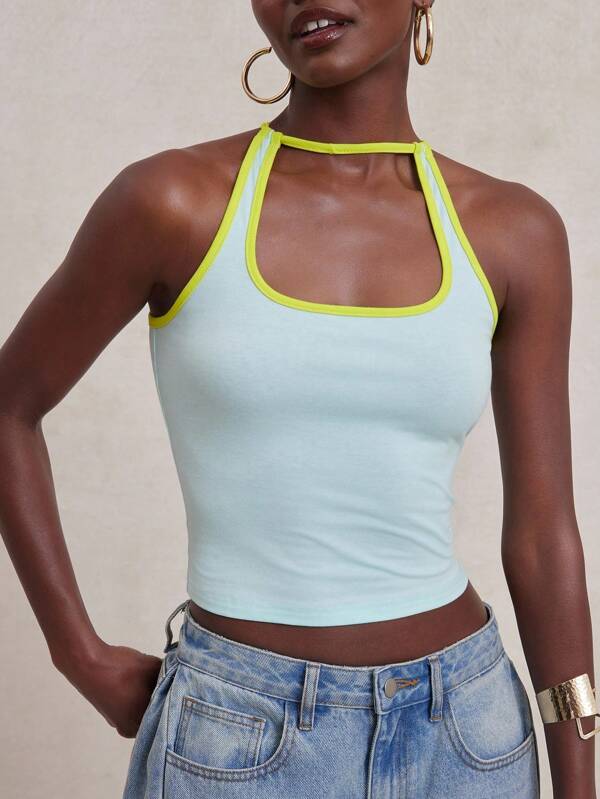 NYA SZN Top Halter Neck Cut Out Crop Top Everyday Casual Beach Vacation Gym Athletic Cotton Spring Summer Tops For Women