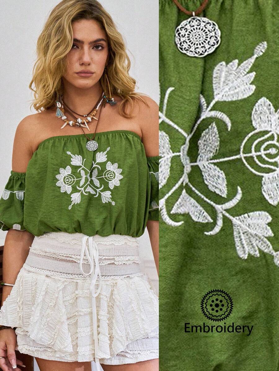 LanaWest Ladies' Vacation One-Shoulder Short-Sleeved Summer Shirt - Green - View 1