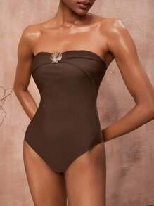 Slaydiva 2pc Set: Metallic Buckle Halter One-Piece Swimsuit & Printed Mesh Sarong Skirt, Elegant Party/Pool/Beach Wear, New Summer Fashion 2025 - Multicolor - View 3