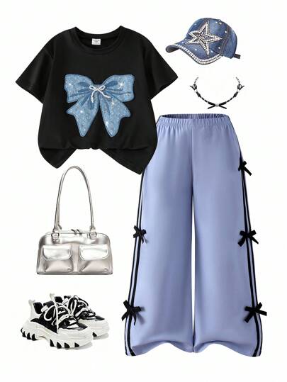 2 件套幼儿/小女孩黑色短袖亮片珍珠蝴蝶结条纹裤休闲运动日常装