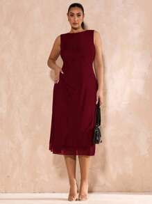 SHEIN BAE 大码女式黑色网眼优雅中长款紧身 A 字针织连衣裙，适合毕业典礼、婚礼、法式风格、晚礼服、生日礼服、伴娘礼服，简约优雅的日常/正式/派对礼服 - 酒紅色 - 查看 4