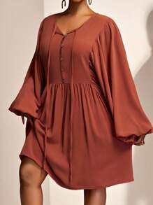Slaydiva Casual, Versatile, Loose Fit, Vacation, Cruise Travel, Beach Wear Women Plus Size Front Button Tie Sleeve A-Line Dress - Brown - View 7