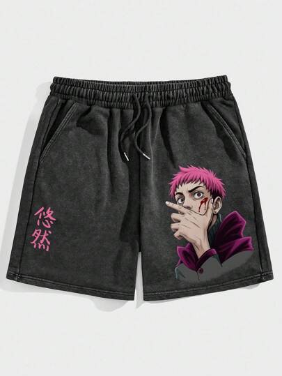 Anime سروال قصير صيفي للرجال بخصر قابل للسحب وطباعة جرافيكية كاجوال