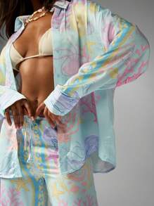 MISSGUIDED Summer Beach Pajama Set Two Piece Pastel Coral Print Loungewear Wide Leg Pants Button Down Shirt Resort Wear Vacation Beachwear - Multicolor - View 3