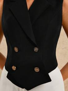 COSMINA Gilet sans manches élégant pour femme, à double boutonnage, de couleur unie, avec boutons métalliques. Convient pour le travail, le quotidien, le minimalisme, les enseignants, les sorties. - Noir - Voir 2