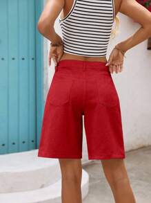 EMERY ROSE Quần short denim ống rộng lưng thấp màu trơn đơn giản cho nữ, mùa hè - Màu Đỏ Sâu - Xem 2