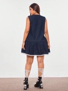 SHEIN EZwear Plus Size Women Summer Casual Sleeveless Denim Dress With Round Neck, Single-Breasted, Ruffle Hem - Blue - View 2