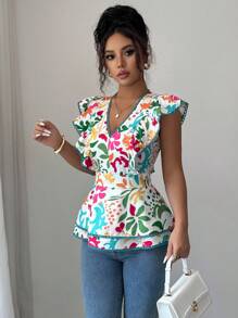 Elenzga Women's Fashionable Casual Ruffle V-Neck Fitted Floral Blouse - Multicolor - View 4