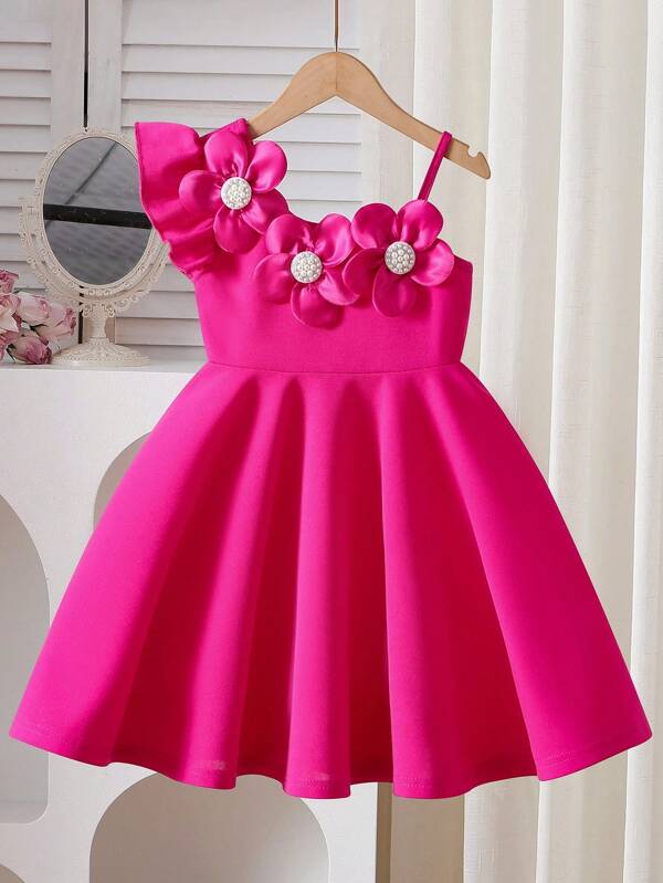Young Girls White Rhinestone Flower Decor A-Line Dress, Fashion Summer Dress For Birthday Party And Gathering
