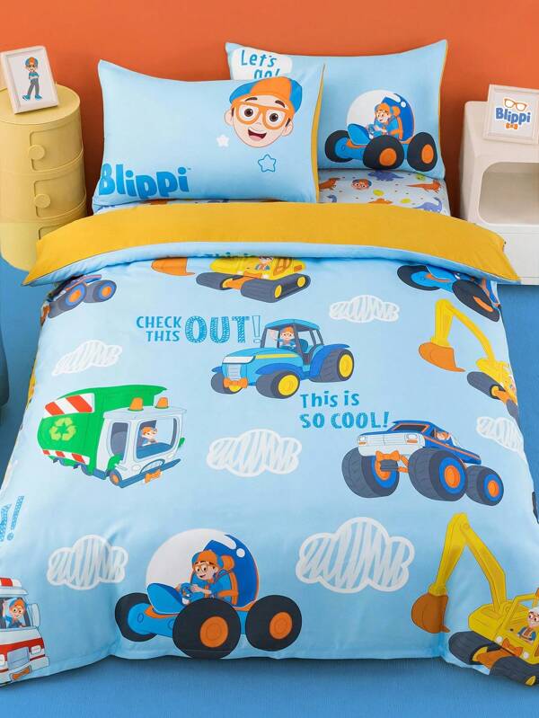 Blippi X SHEIN Set de 3 piezas de edredón con estampado de dibujos animados de autos, hecho de tela suave y cálida, apropiado para cama infantil, disponible en varios tamaños para cama individual/doble/queen/king