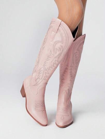 Fairycore Women's 2025 Spring/Autumn New Kawaii Pink Embroidered Western Boots, Leather Outdoor Fashion Slip-On Mid-Calf Boots