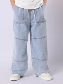SUMWON 阔腿牛仔裤滑板风格宽松裤抽绳腰青年街头服饰秋冬系列 - 淺色水洗藍 - 查看 3