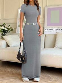 Muchica 女士夏季纯色圆领短袖紧身连衣裙