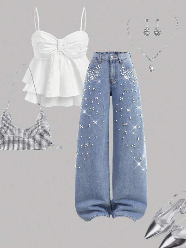 Girlism Jeans rectos de mezclilla con botones frontales, bolsillo, decoración de perlas falsas, simple y casual, para adolescentes y mujeres, adecuados para primavera, verano, vacaciones, festivales, 4 de julio, graduación, convivios familiares de verano y atuendos casuales de negocios