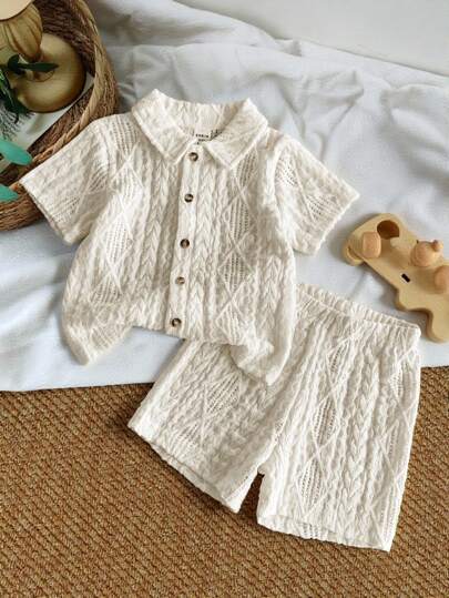 SHEIN Vintaside Kids Unisex Newborn-1 Year Old Baby Outfit, Apricot Short Sleeve Shirt And Shorts Set, Textured Fabric Suitable For Baby To Wear Out In Summer, Adds Texture And Quality To The Outfit