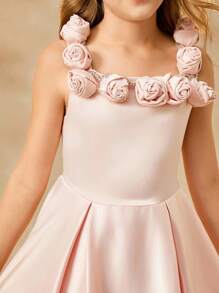 Tween Girl 3D Floral Decor Elegant Sleeveless Party Dress - Pink - View 4