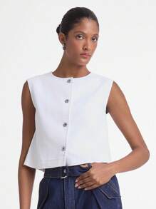 Women's Sleeveless Round Neck White Denim Vest Top - White - View 3