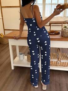 SHEIN Bộ đồ ngủ quần yếm dệt kim họa tiết trái tim cho nữ, đồ ngủ thường ngày thoải mái cho mọi mùa - Màu xanh lam - Xem 3