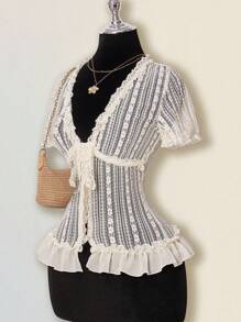 SHEIN ICON 女式透明蕾丝雪纺花卉拼接下摆 V 领纽扣短袖开衫，轻盈夏季 - 米色 - 查看 1