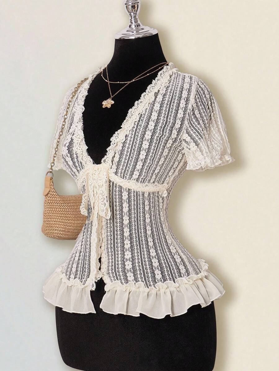 SHEIN ICON 女式透明蕾丝雪纺花卉拼接下摆 V 领纽扣短袖开衫，轻盈夏季 - 米色 - 查看 1