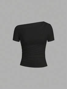 Ellevyn Camiseta de mujer casual de cuello asimétrico arrugado, para el verano - Café integral - Ver 5