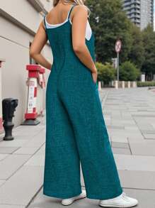 EMERY ROSE 大码牛仔效果纹理方领休闲连体裤，适合室内和室外