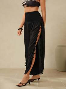 Glamine Fringe Trim Loose Beach Cover Up Pants, Casual Vacation For Summer - Black - View 7