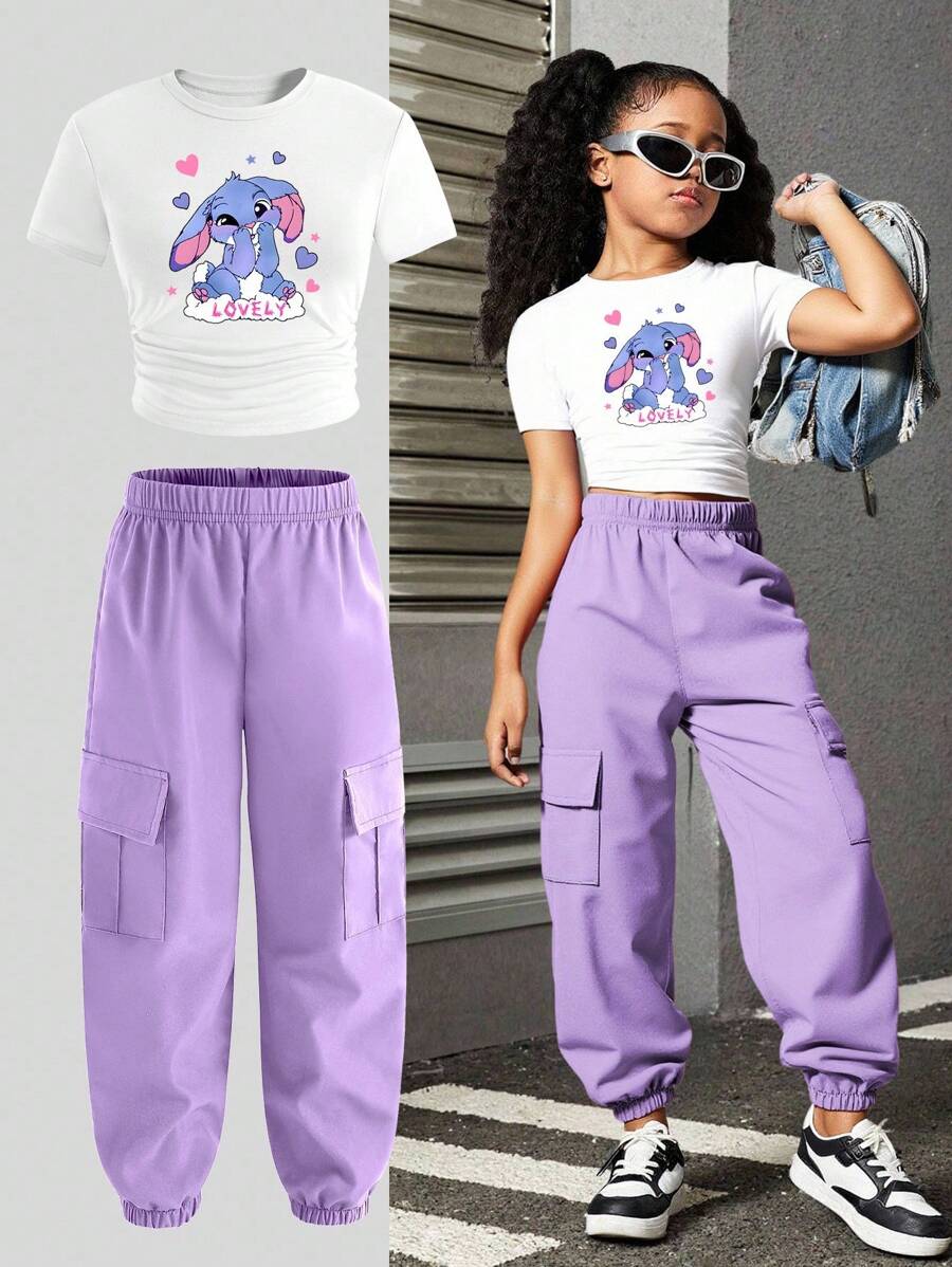 SHEIN 2 件套女童可爱兔子印花休闲时尚服装，短袖上衣和抽绳裤套装 - 紫色 - 查看 1