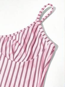 INAWLY White Striped Print Low Neckline Fitted Casual Vacation Sexy Ladies Camisole - Baby Pink - View 5