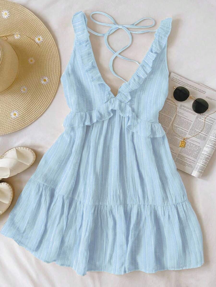 Arcane Artistry Women's Simple Ruffled Strap Solid Mini Dress, In Light Yellow, Suitable For Summer Leisure & Vacation - Baby Blue - View 1