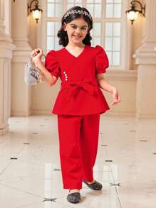 Jong meisje 2 stuks/set effen kleur pofmouw knoop taille shirt en broek outfit