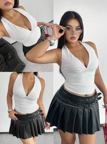 POPSWAY Plus Size White Sexy Halter Lace-Up Ruffle Backless Top - White - View 1