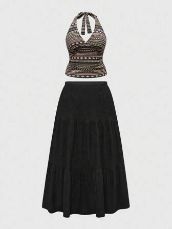 Hippie Plus Size Women 2 Pieces Set, Retro Hippie Style Totem All-Over Print Cami And Mini Skirt