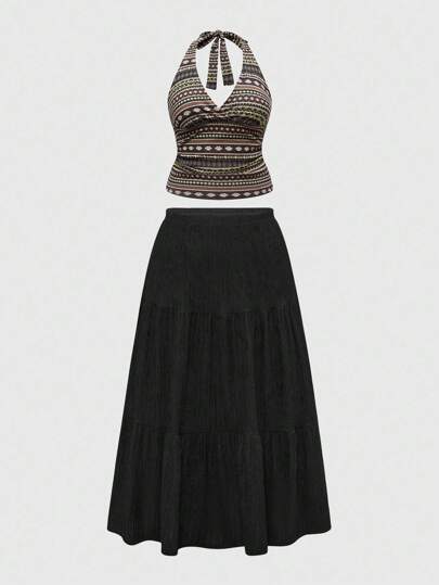 Back To School  Plus Size Women 2 Pieces Set, Retro Hippie Style Totem All-Over Print Cami And Mini Skirt